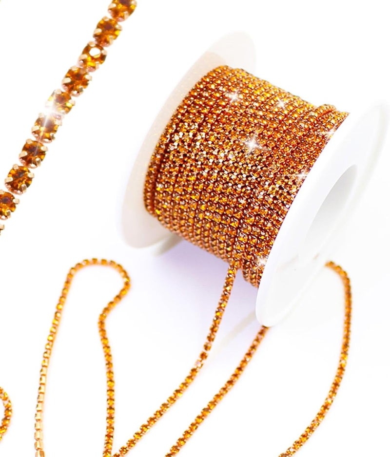 PEARLY JUN 10 Yards Orange Rhinestone Chain Topaz Rhinestone Trim Crystal Artificial Stone Trim Cup Chain SS6 2mm Color Plated Cup Stitch Costume Decoration - Image 1